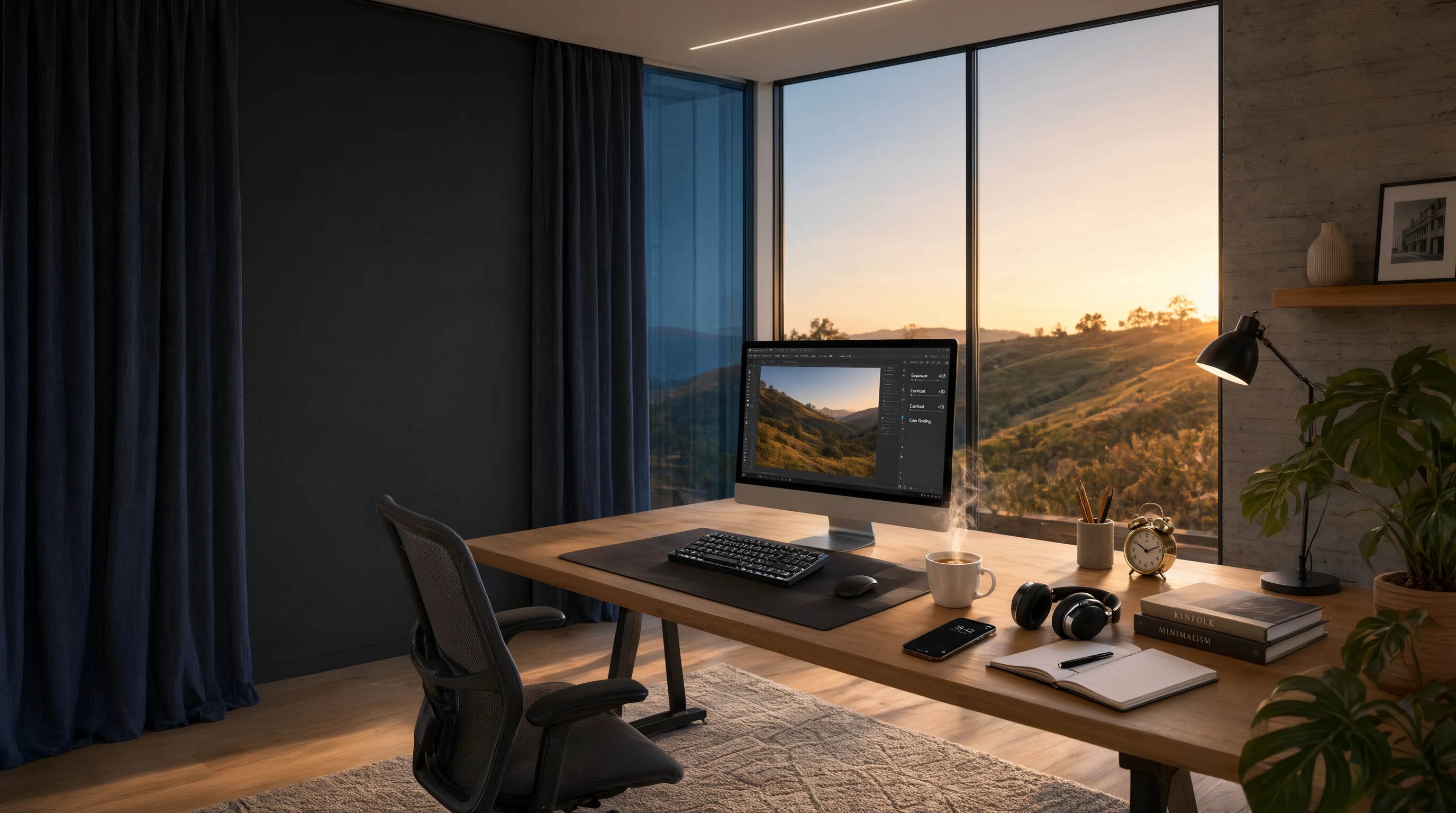 现代极简办公桌，iMac 工作站，窗外金色黄昏光